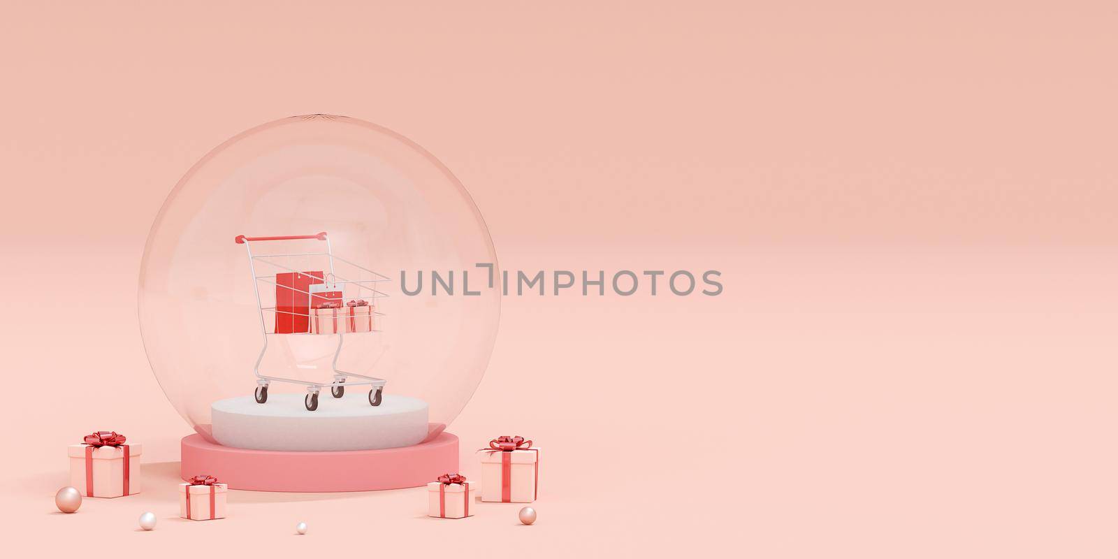 Advertisement banner background for web design, Shopping bag and gift with Shopping cart in crystal globe on pink background, 3d rendering by nutzchotwarut