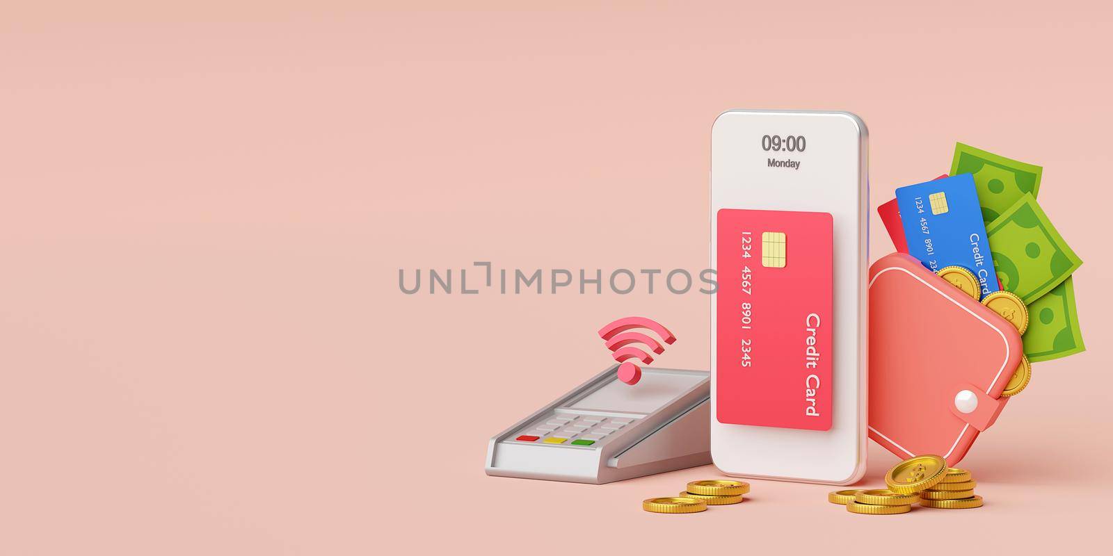 Contactless payment via NFC technology wireless pay by credit card or money wallet on smartphone, 3d rendering by nutzchotwarut