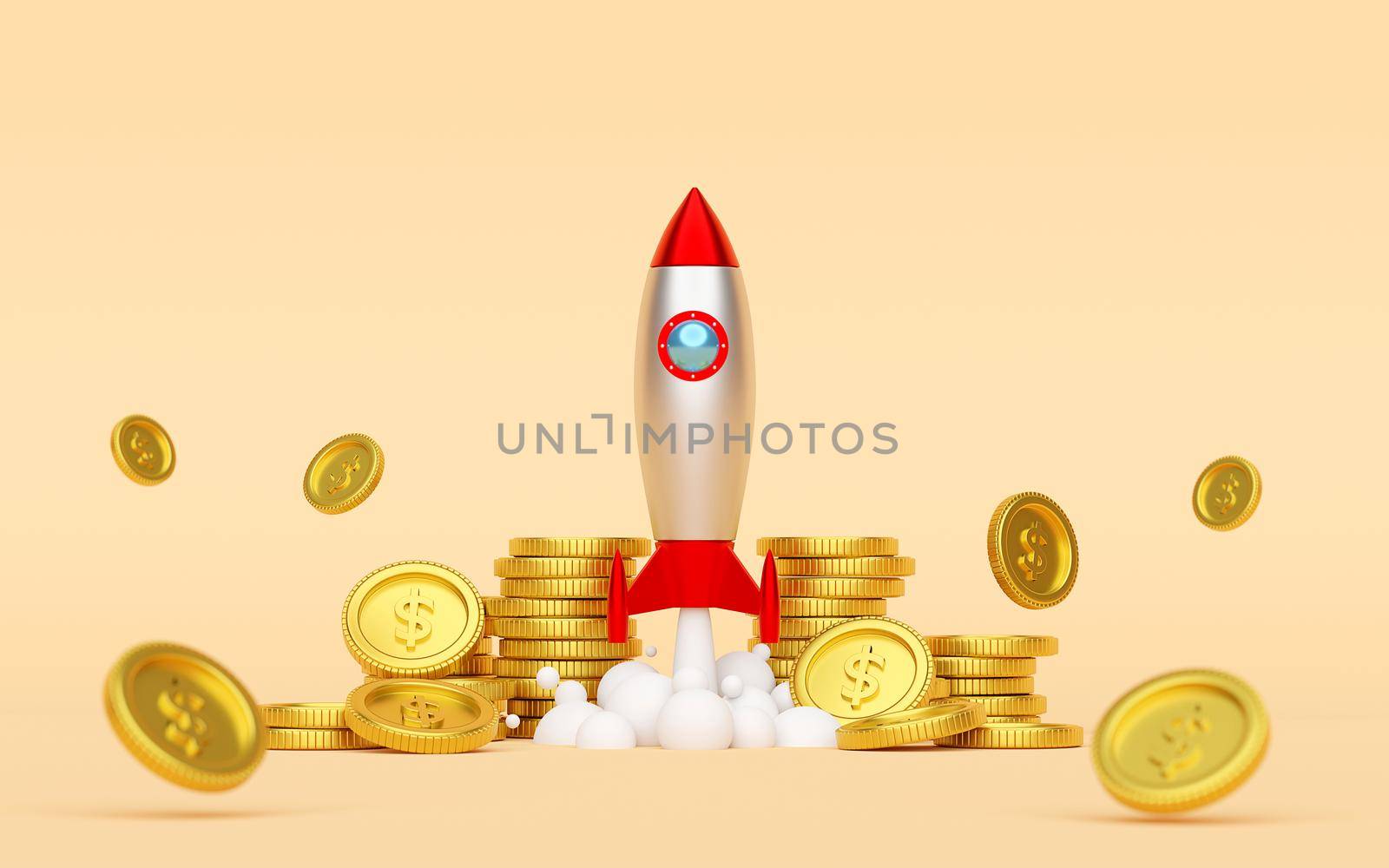 Business start-up concept, Rocket launching from the ground with dollar coin, 3d rendering