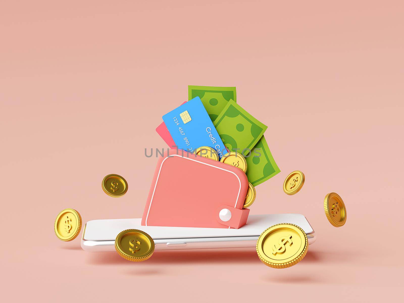 Money wallet on mobile application, money payment and transfer online, 3d illustration by nutzchotwarut