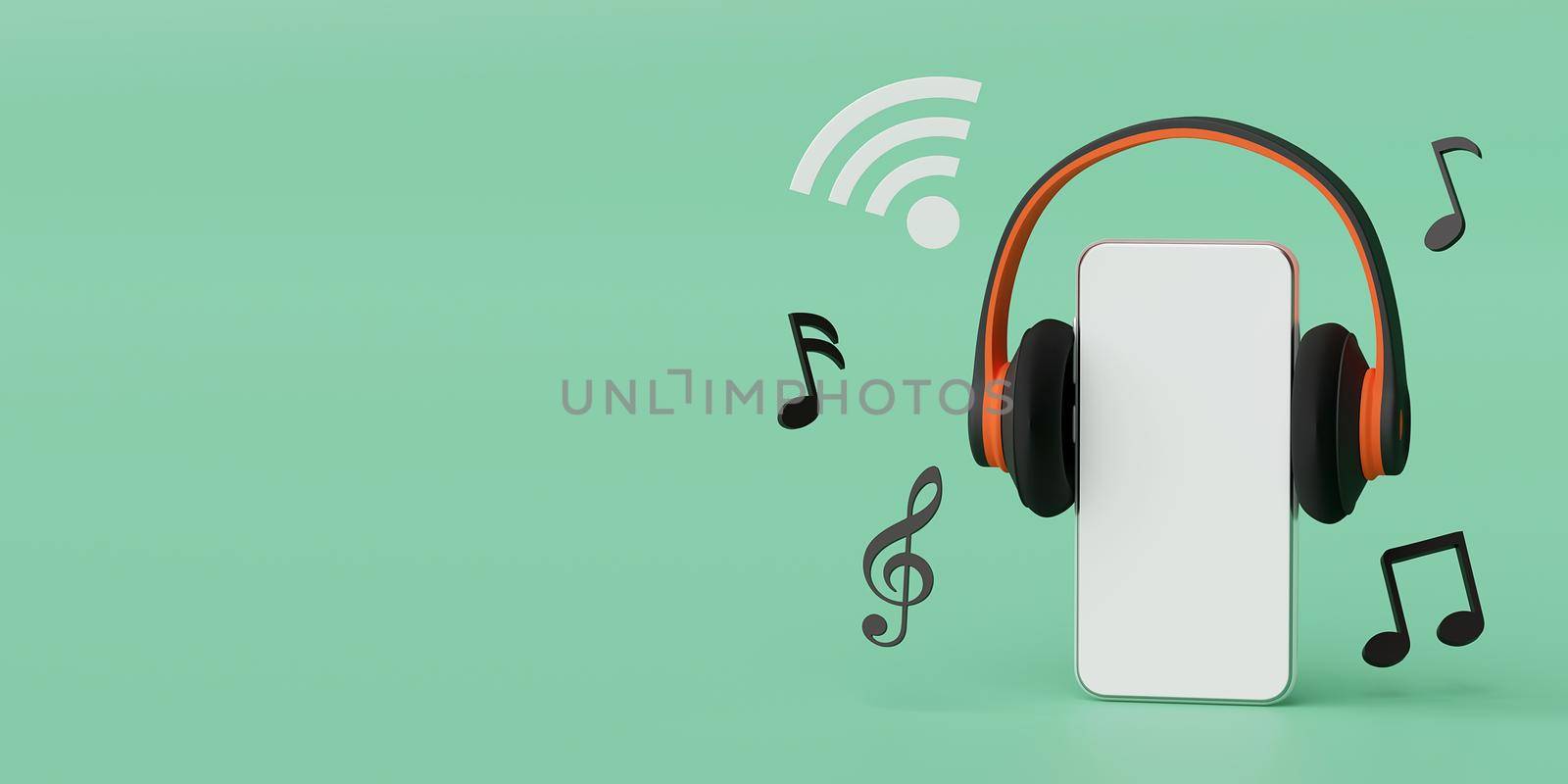 Music streaming on smartphone application, 3d illustration