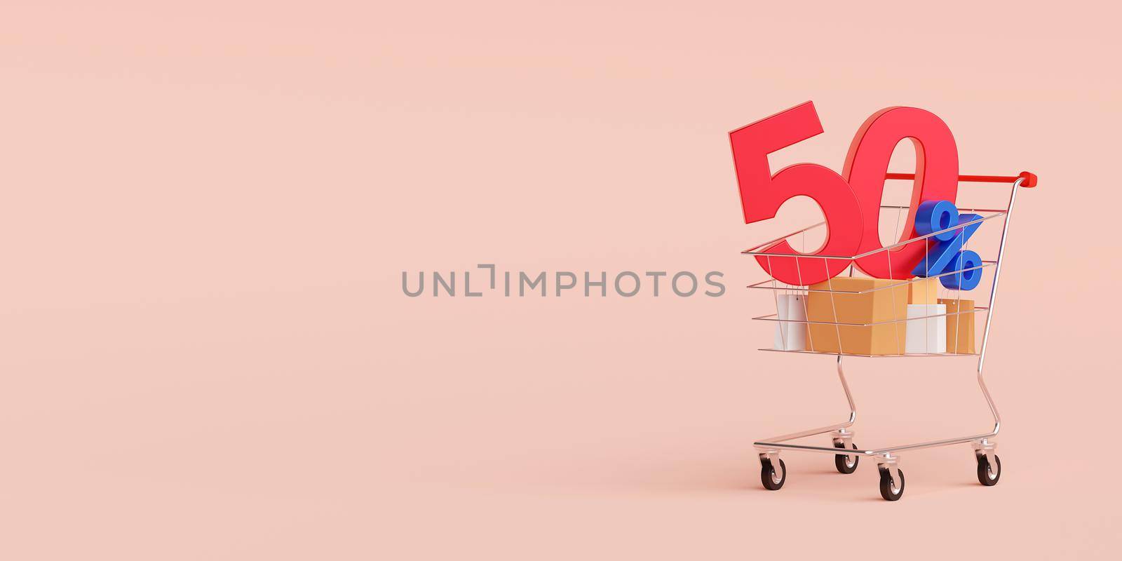 Shopping banner with special offer discount up to 50%, 3d illustration