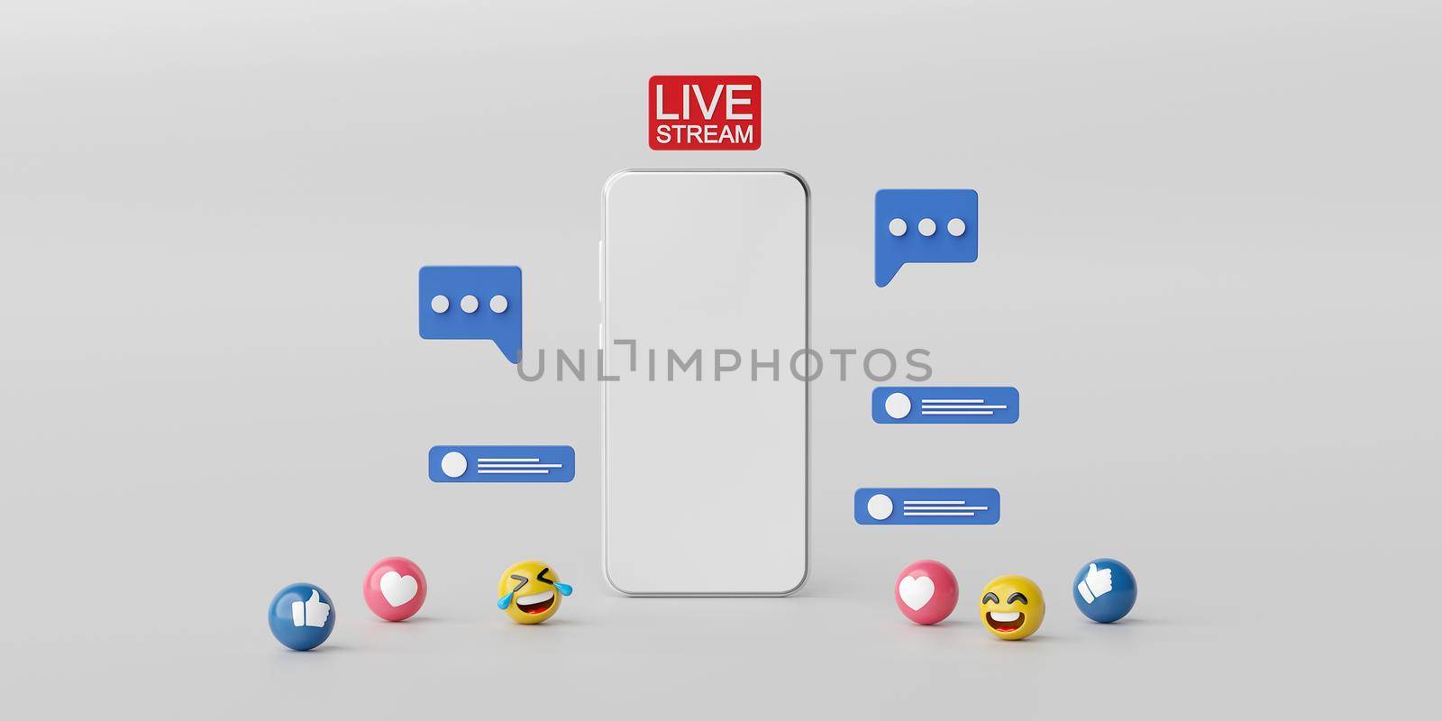 Live streaming on social media application on smartphone, 3d rendering