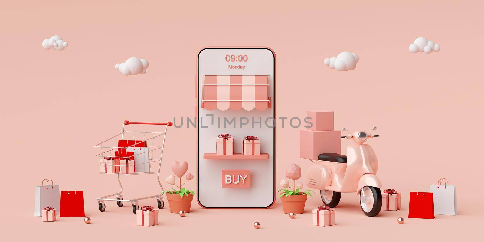 E-commerce concept, Shopping online and delivery service on mobile application, Transportation or food delivery by scooter, 3d rendering by nutzchotwarut