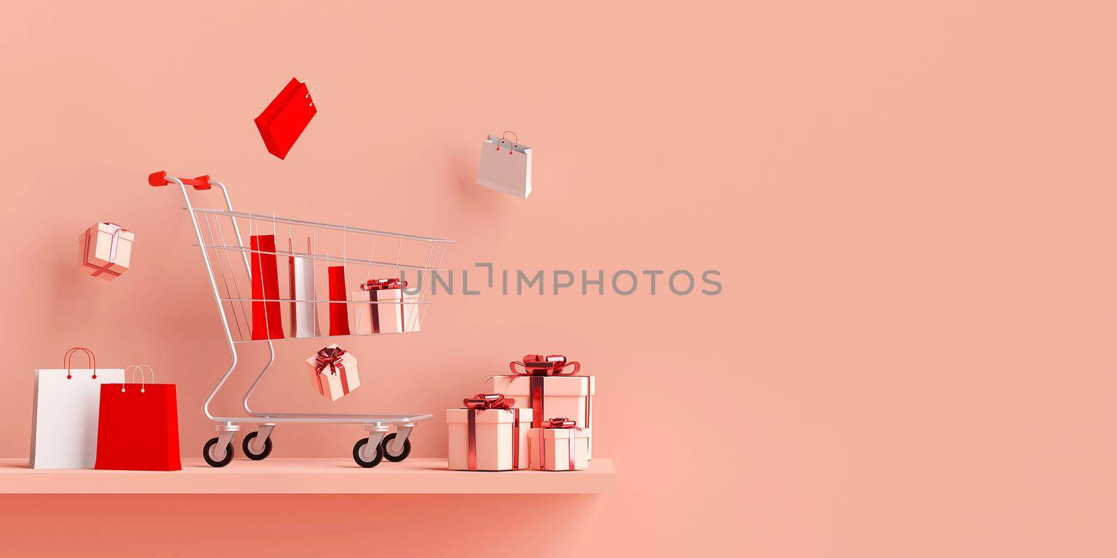 Advertisement banner background for web design, Shopping bag and gift with Shopping cart on pink background, 3d rendering by nutzchotwarut