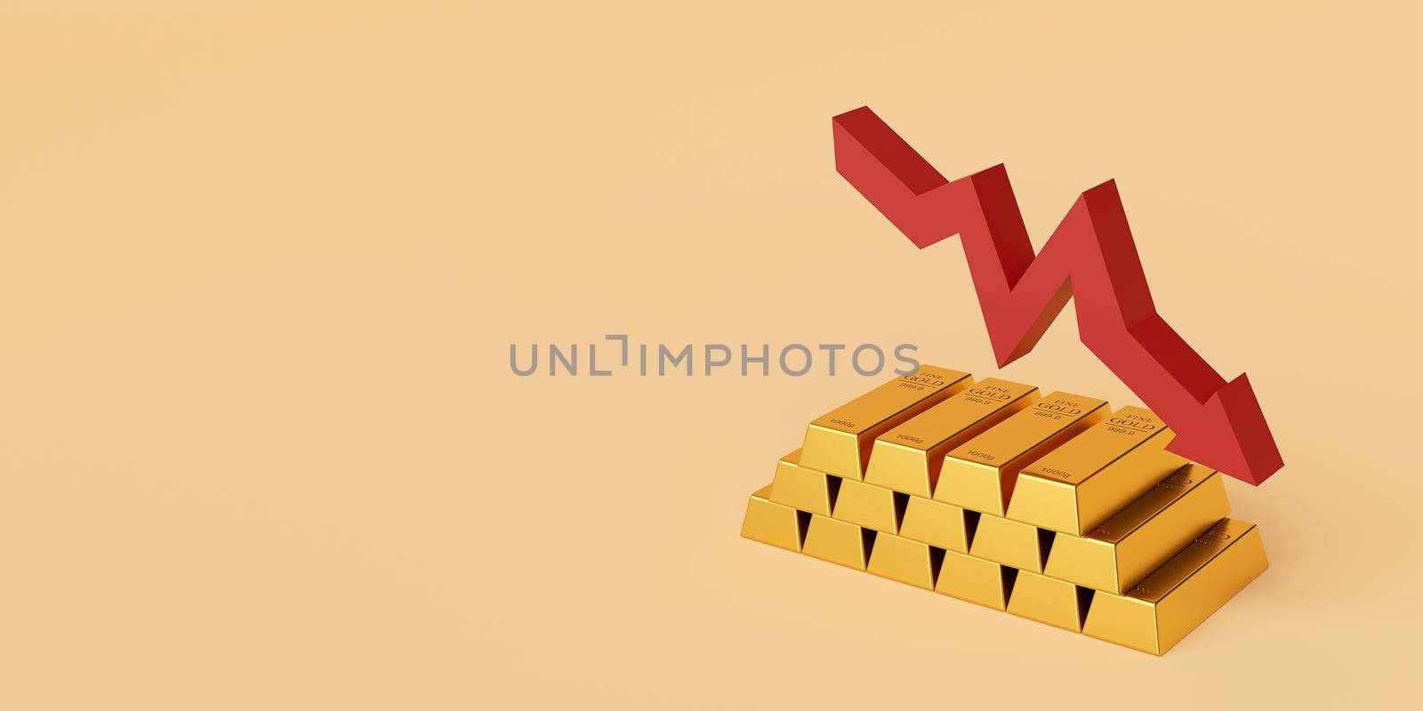 Gold bar with arrow down, Banner background with copy space, 3d rendering