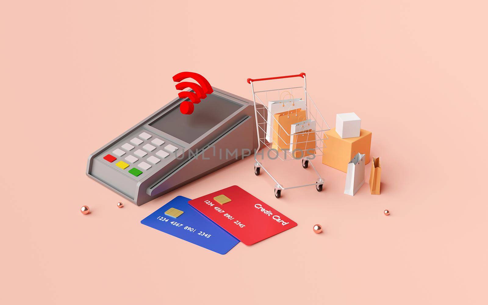 Contactless payment via NFC technology wireless pay by credit card, 3d rendering by nutzchotwarut