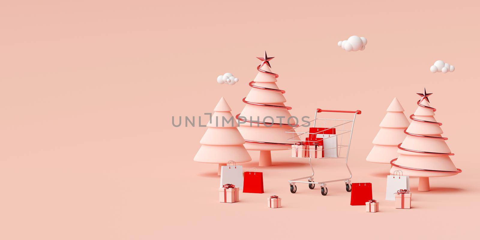 Chrsitmas advertisement banner background for web design, Shopping bag and gift with Shopping cart on pink background, 3d rendering