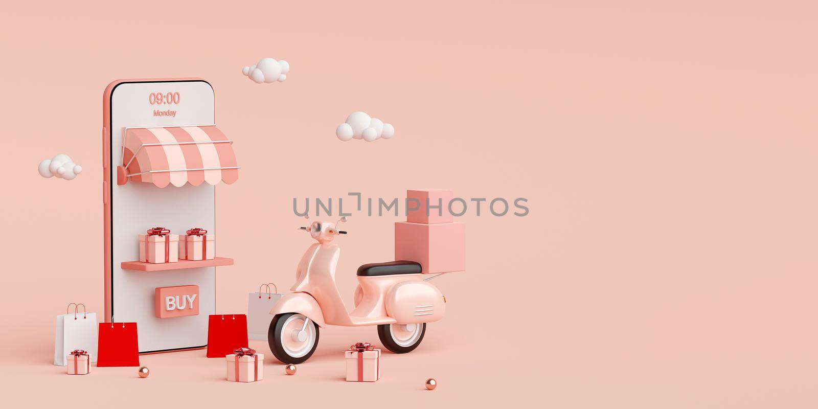 E-commerce concept, Delivery service on mobile application, Transportation or food delivery by scooter, 3d rendering by nutzchotwarut