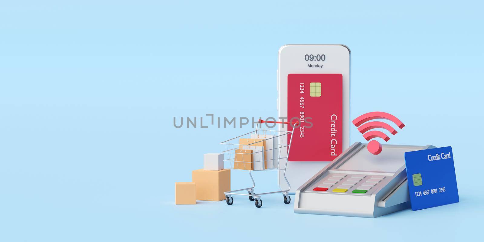 Contactless payment via NFC technology wireless pay by credit card on smartphone, 3d rendering by nutzchotwarut