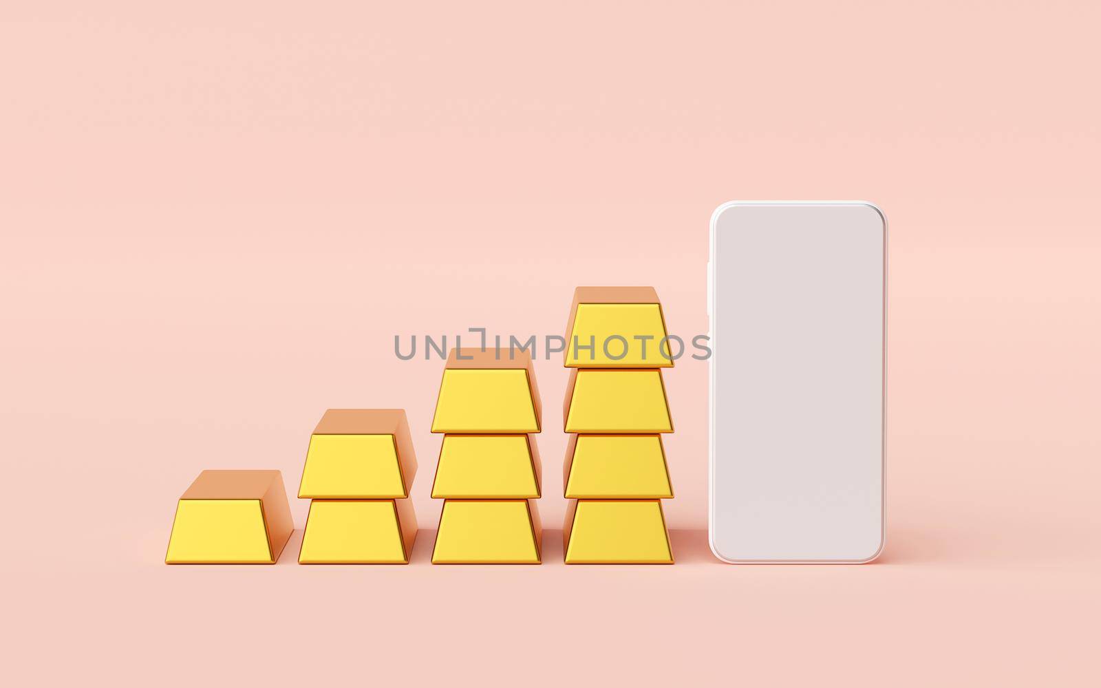 Mockup of smartphone with stack of gold bar, 3d rendering