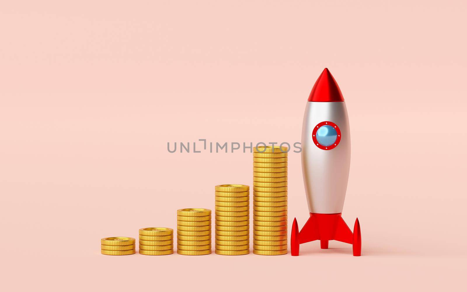 Business start-up concept, Stack of golden coin with rocket, 3d rendering by nutzchotwarut