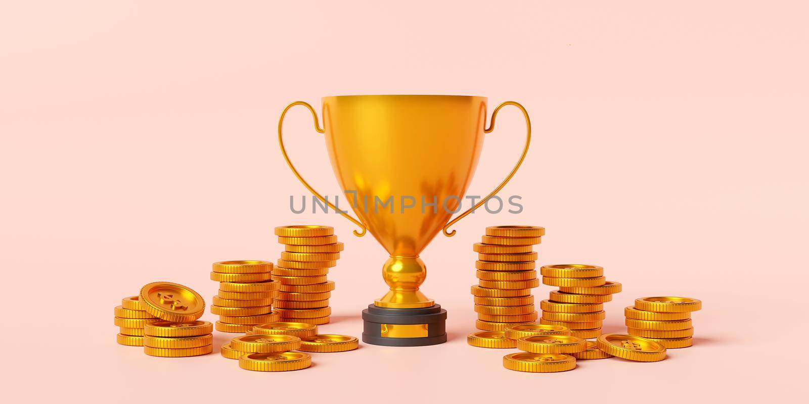 Golden trophy with dollar coin prize for the winner, 3d illustration