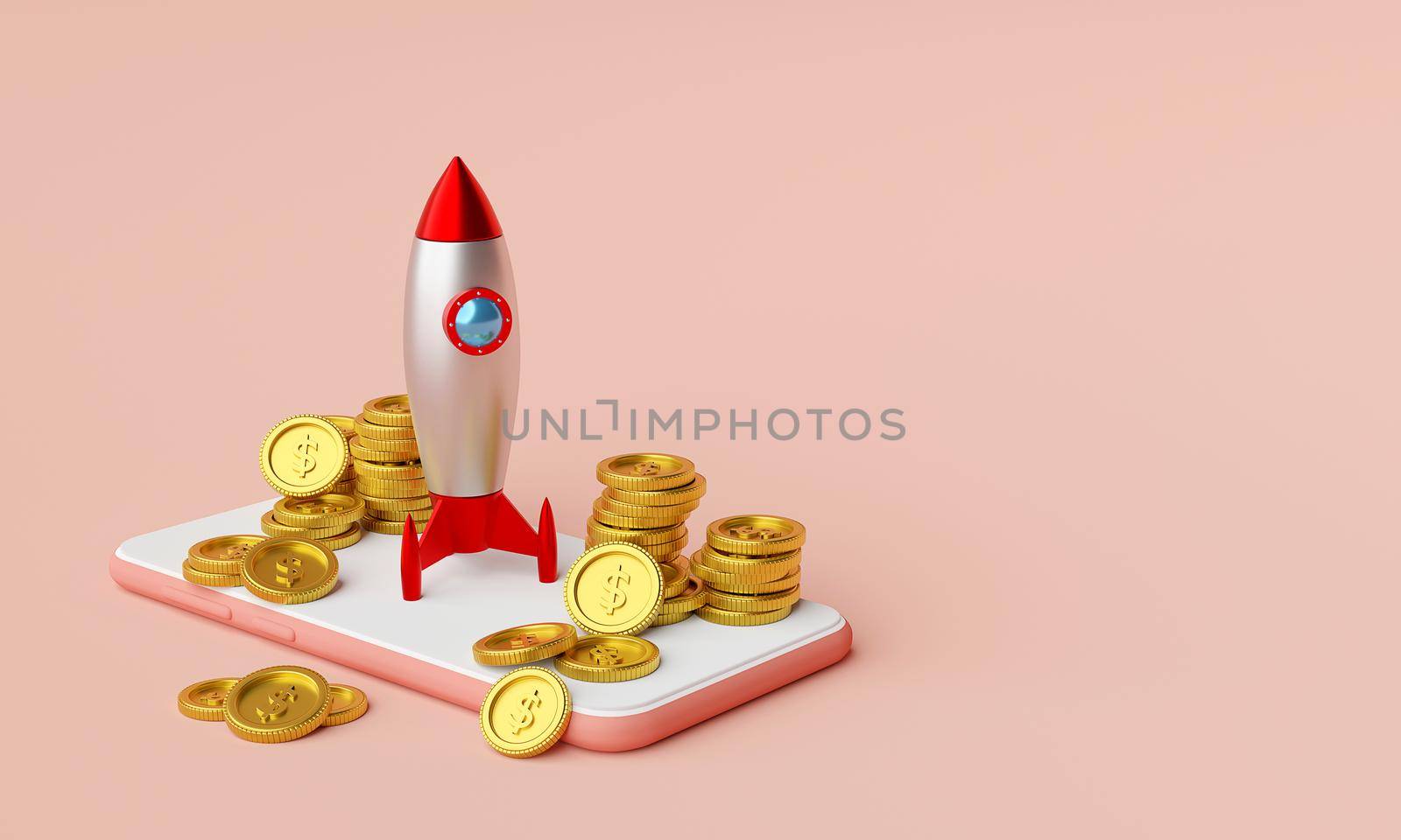Business start-up concept, Rocket launching from smartphone with dollar coin, 3d rendering by nutzchotwarut