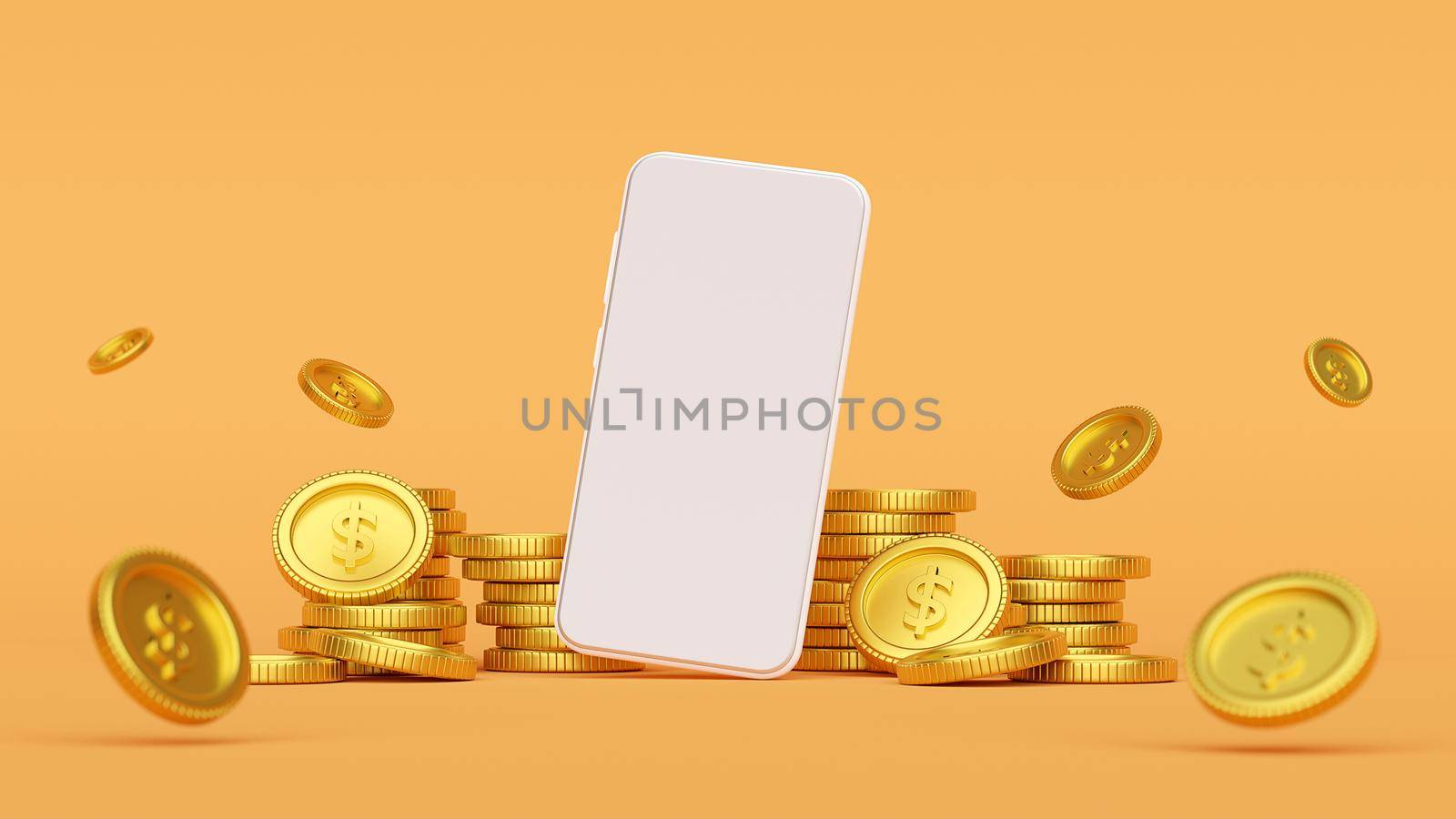 Mockup of smartphone surrounded by golden coin, 3d rendering by nutzchotwarut