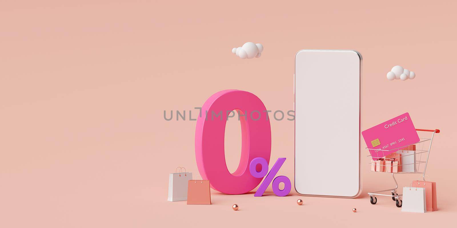 Shopping online on smartphone with special offer 0% interest installment payments, 3d illustration by nutzchotwarut