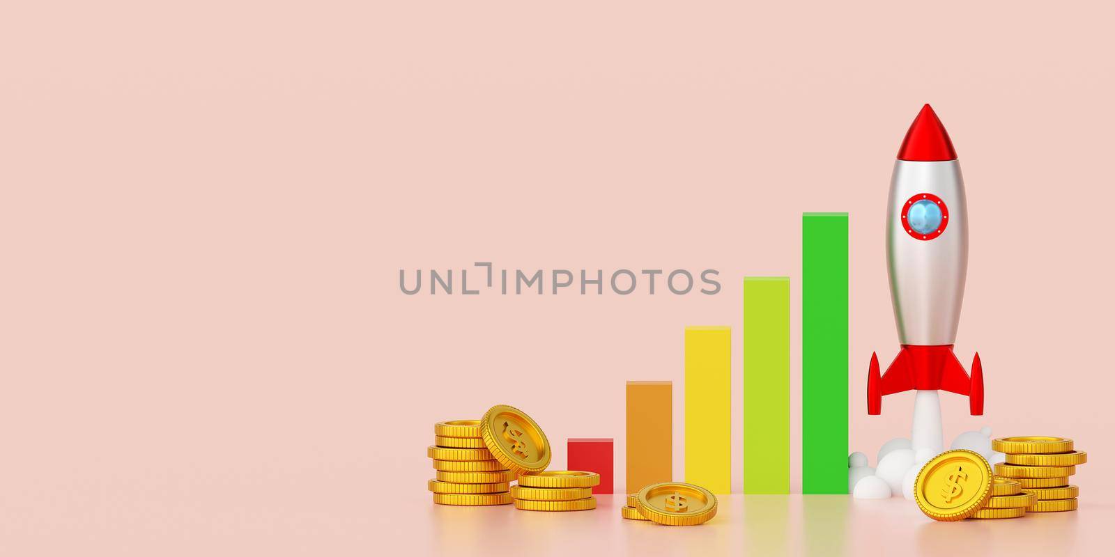 Business concept, Upward trend graph with rocket launching up from ground with dollar coin, 3d illustration