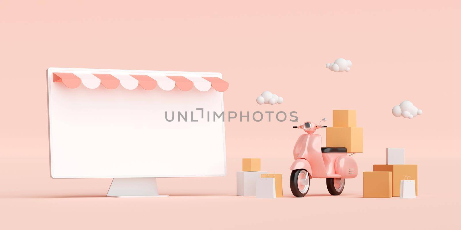E-commerce concept, Shopping and delivery service online, Transportation or food delivery by scooter, 3d illustration