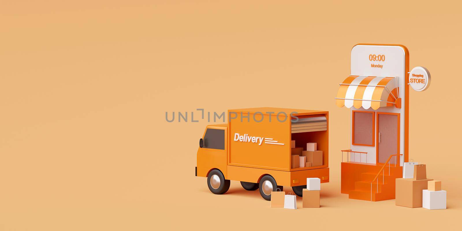 E-commerce concept, Delivery service on mobile application, Transportation delivery by truck, 3d rendering by nutzchotwarut
