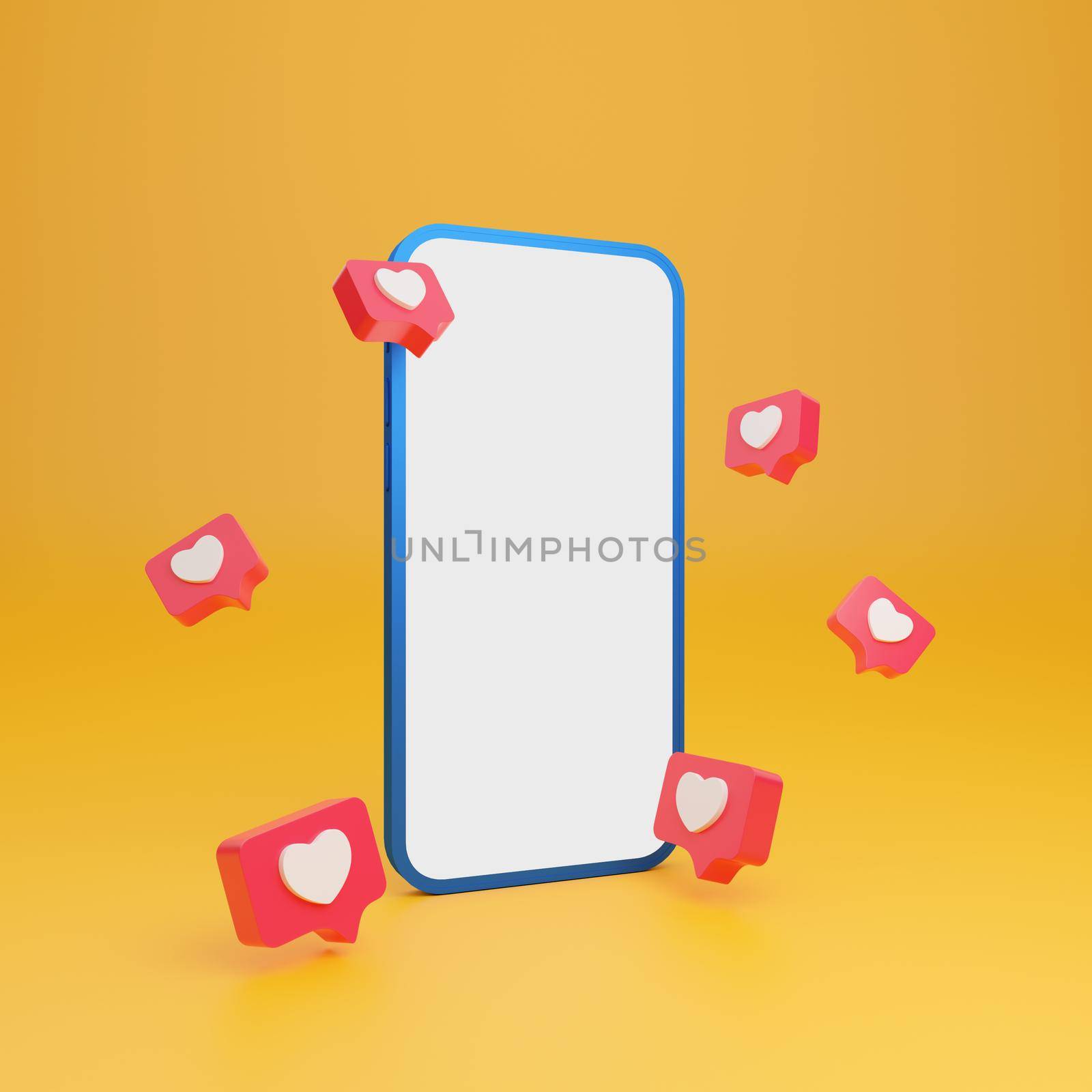 Empty screen smartphone mockup with heart in speech bubble message, 3d illustration