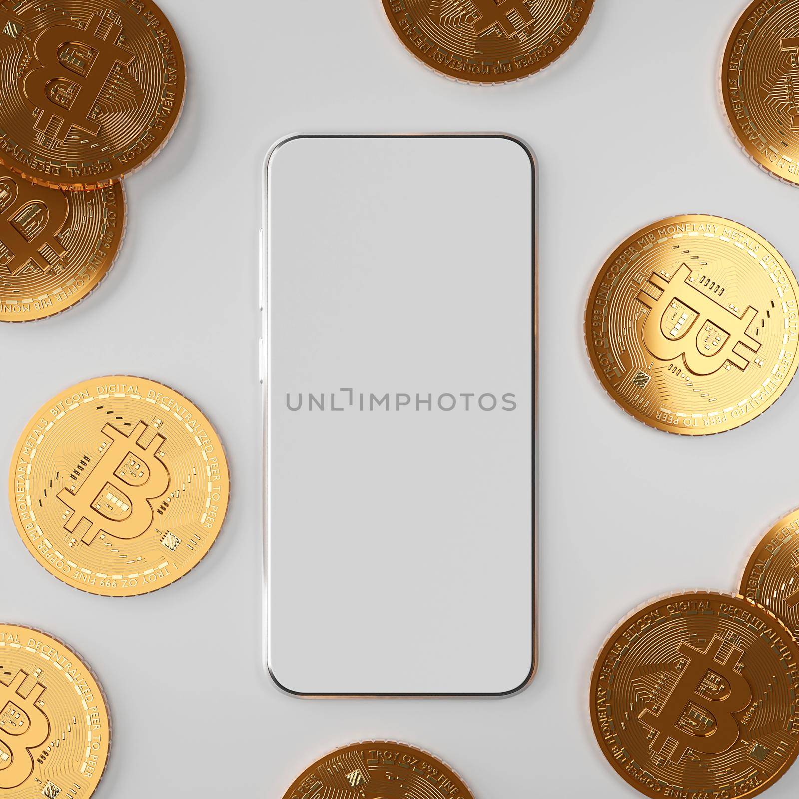 Blockchain cyptocurrency Bitcoin BTC with smartphone mockup, 3d illustration by nutzchotwarut