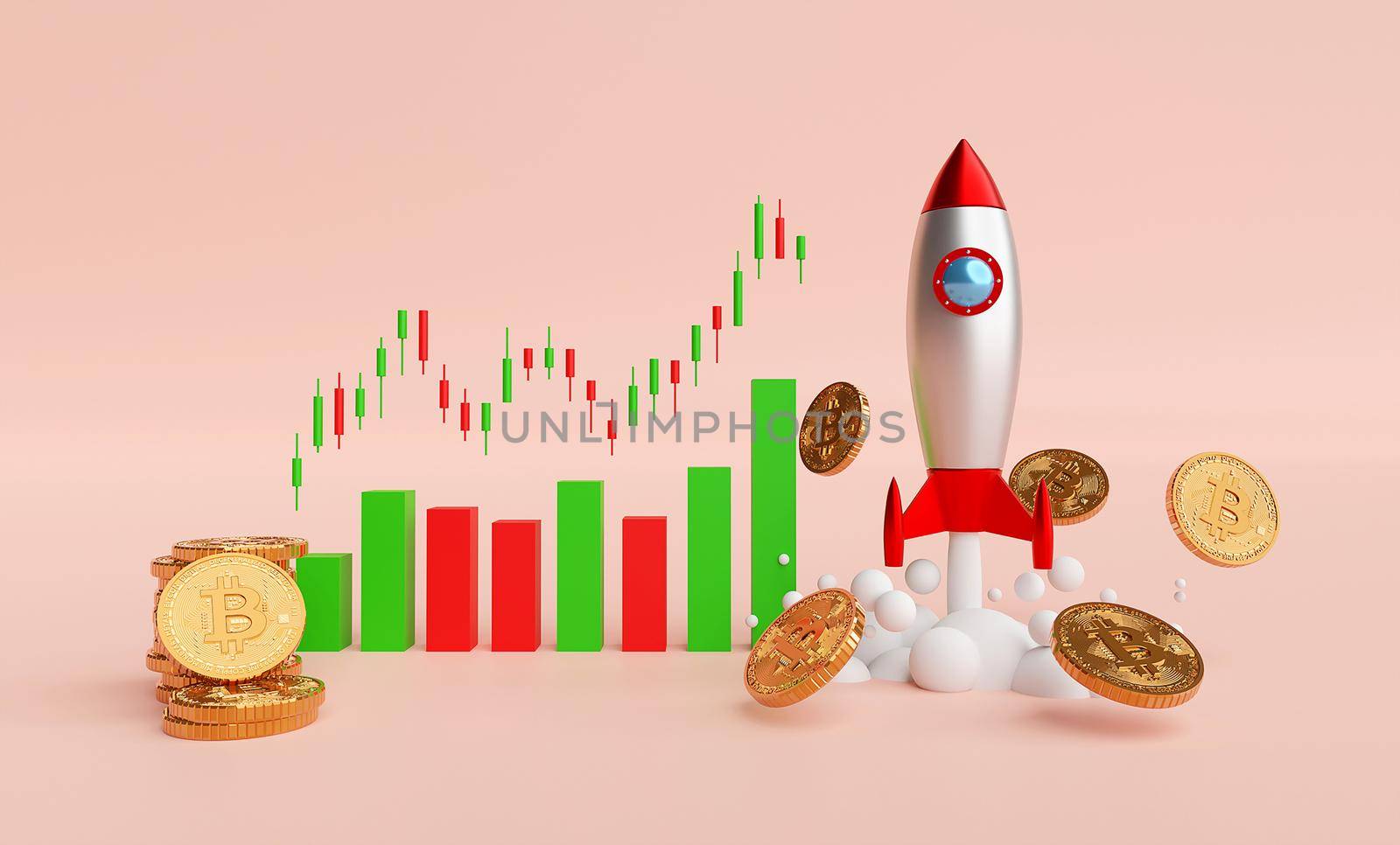 Rocket launching and BTC bitcoin with candle graph chart, 3d illustration by nutzchotwarut