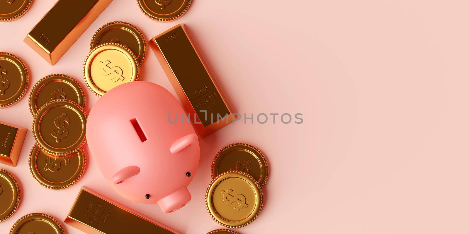 Top view of piggy bank with gold bar and dollar coin, 3d illustration