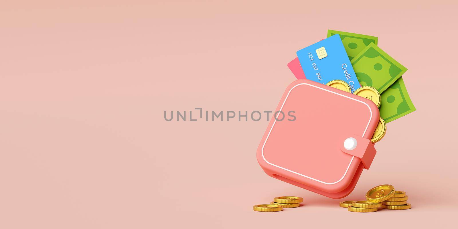 MInimal wallet with credit card, banknote and dollar coin, 3d illustration