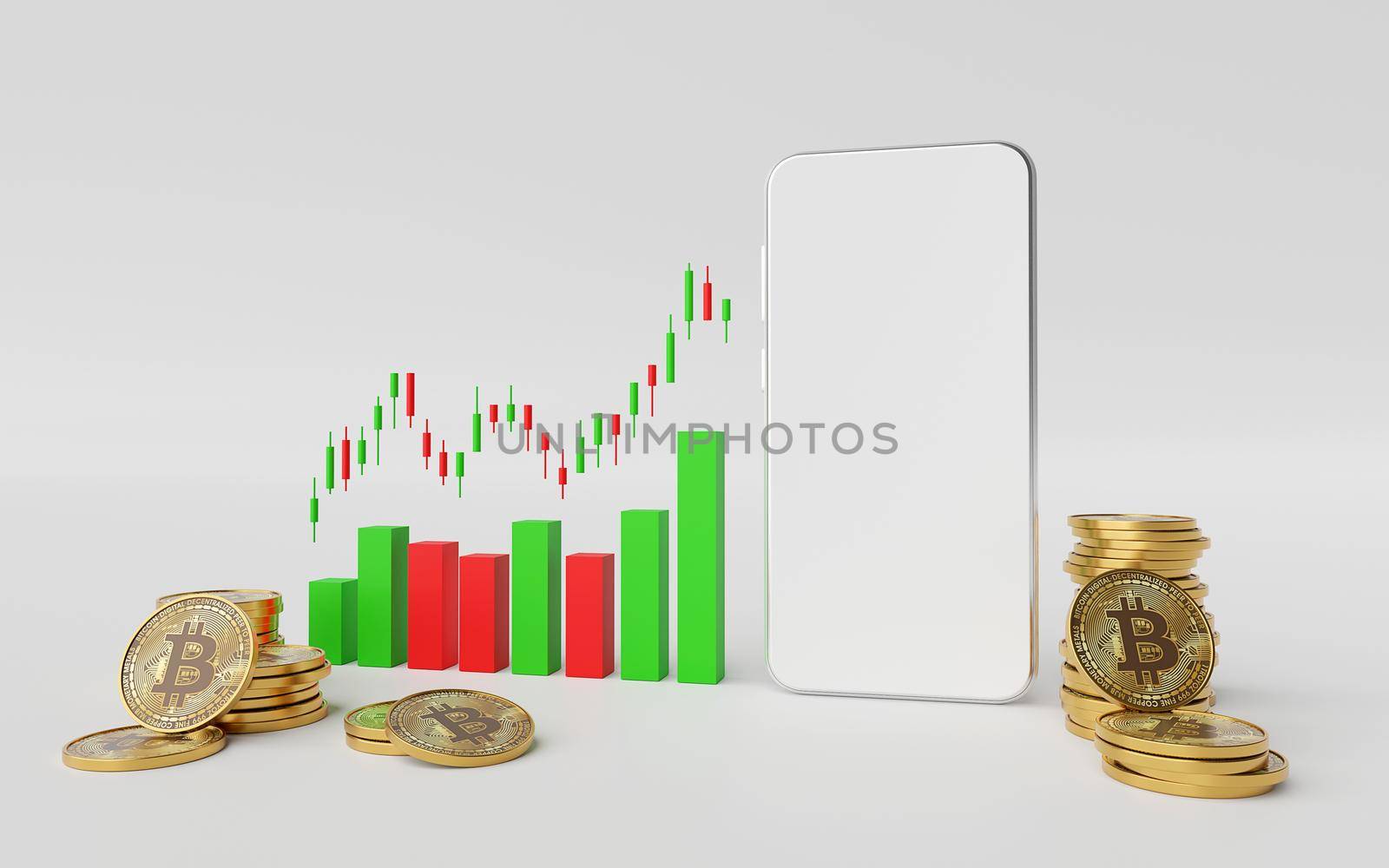 Investment concept, Mockup of smartphone with candle stick graph chart of stock market cryptocurrency trading up, 3d rendering