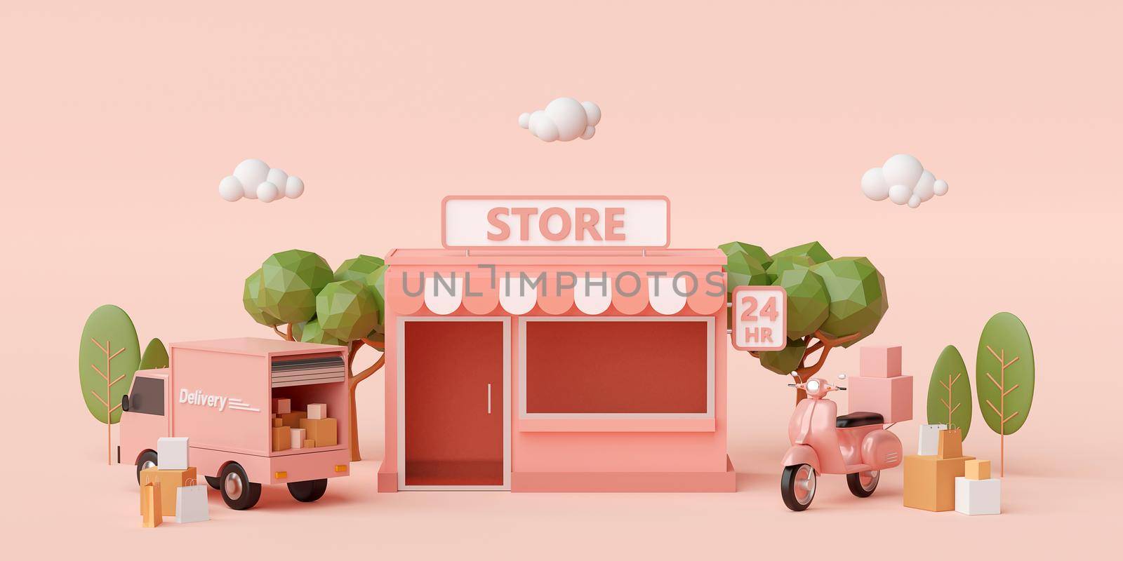 E-commerce concept, Convenience store and delivery service by scooter and truck, 3d illustration by nutzchotwarut