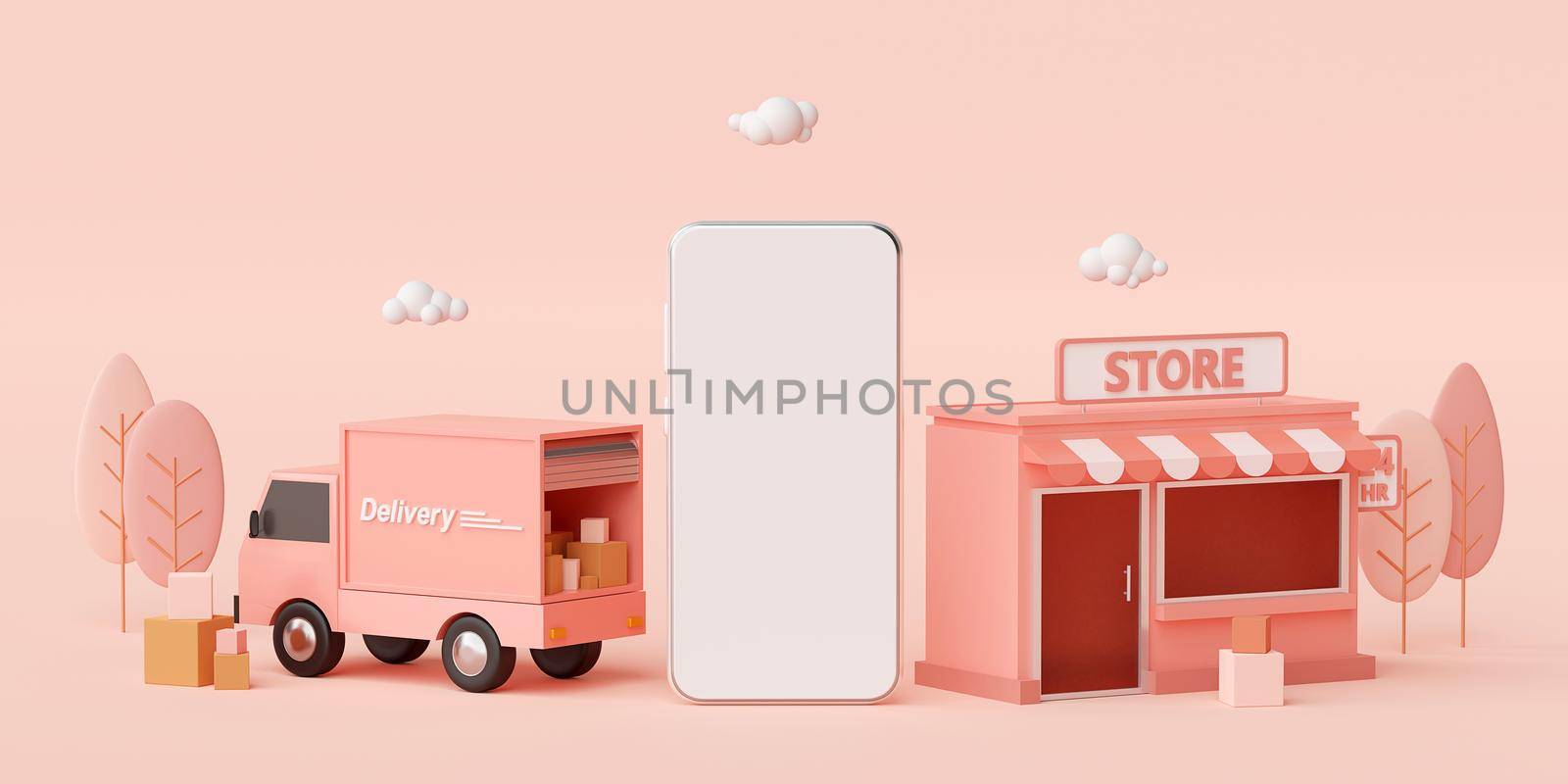 E-commerce concept, Convenience store shopping online and delivery service on mobile application, 3d illustration by nutzchotwarut