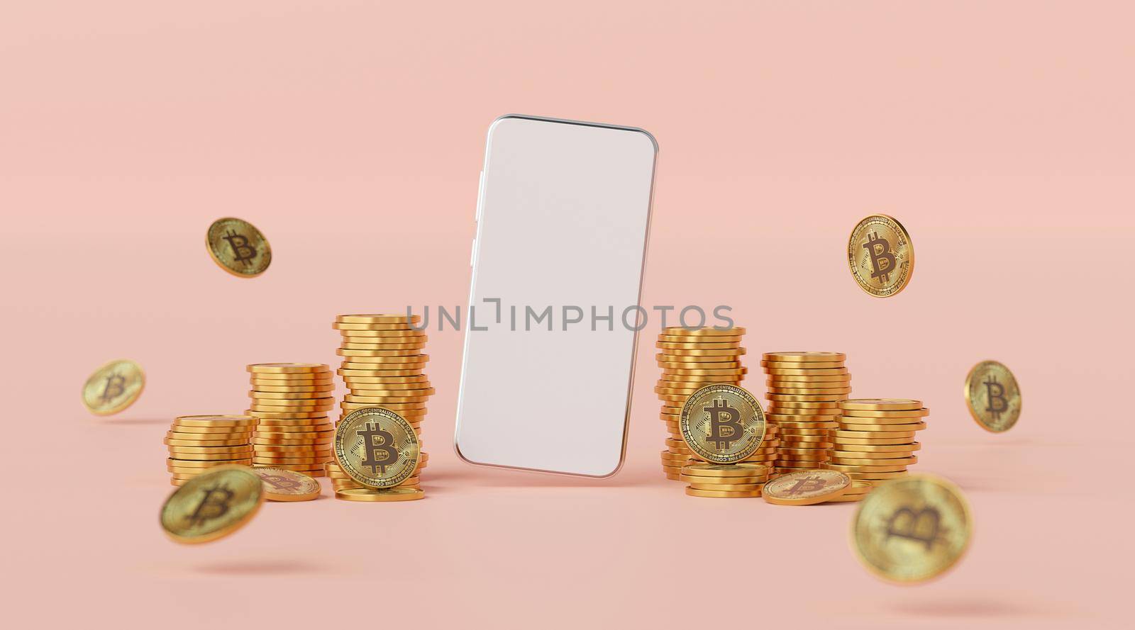 Investment concept, Mockup of smartphone surrounded by bitcoin, 3d rendering by nutzchotwarut