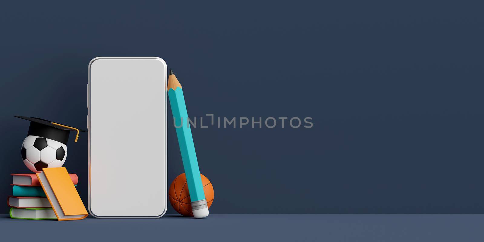 Education online concept, Banner of Smartphone with education supplies, 3d Illustration