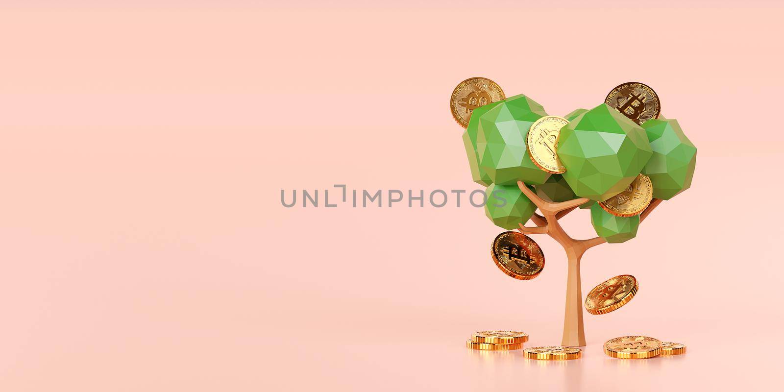 Investment concept, Bitcoin tree grow up and have a harvest, 3d illustration
