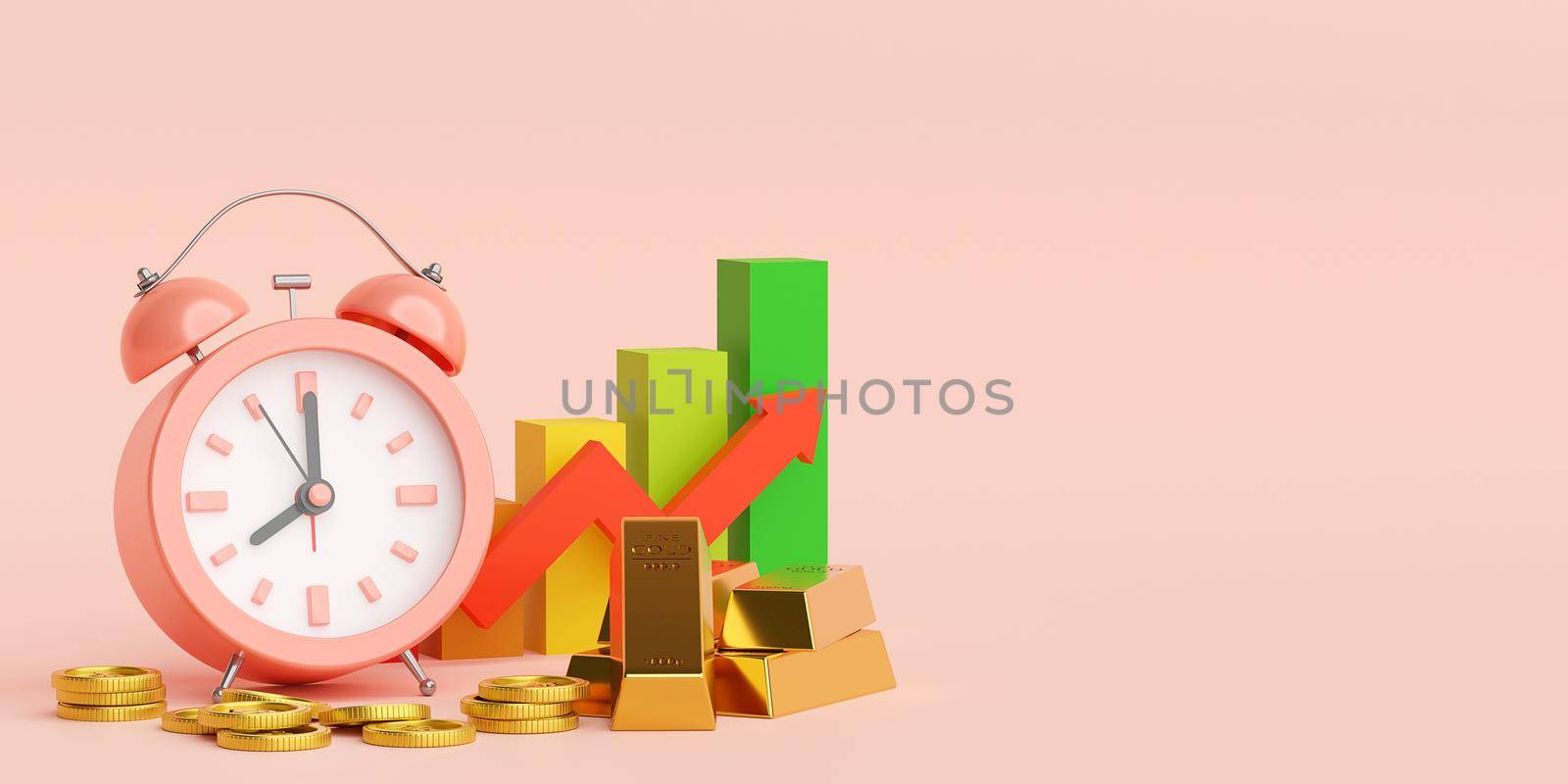 Alarm clock, gold bar and coin with graph growth up, 3d illustration by nutzchotwarut