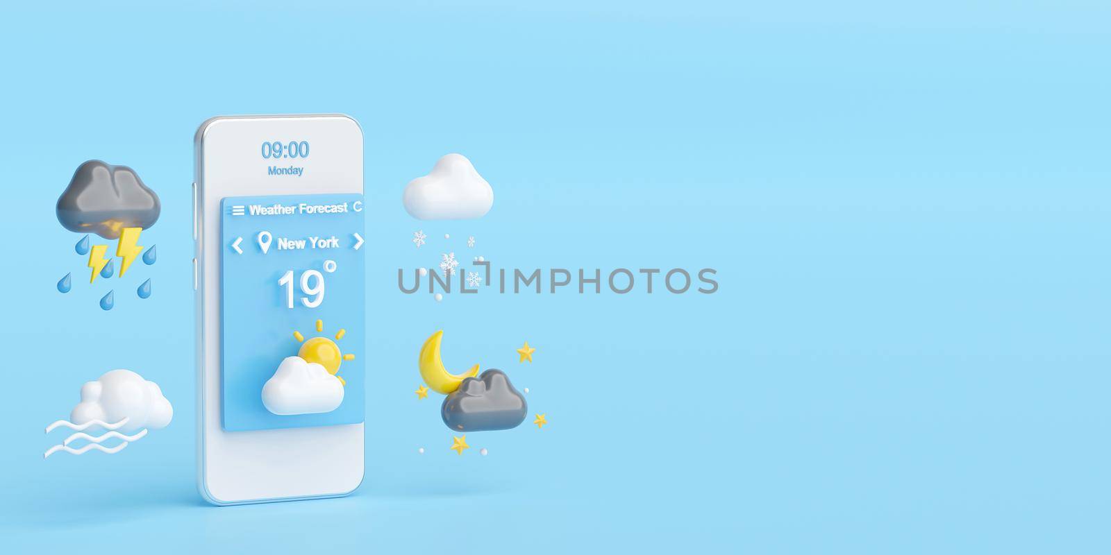 Weather Forecast Concept, Smartphone displays weather forecast application widget, icons, symbols, 3d illustration by nutzchotwarut