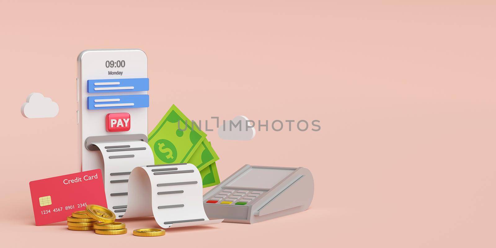 Electronic bill online payment on smartphone concept, 3d illustration by nutzchotwarut
