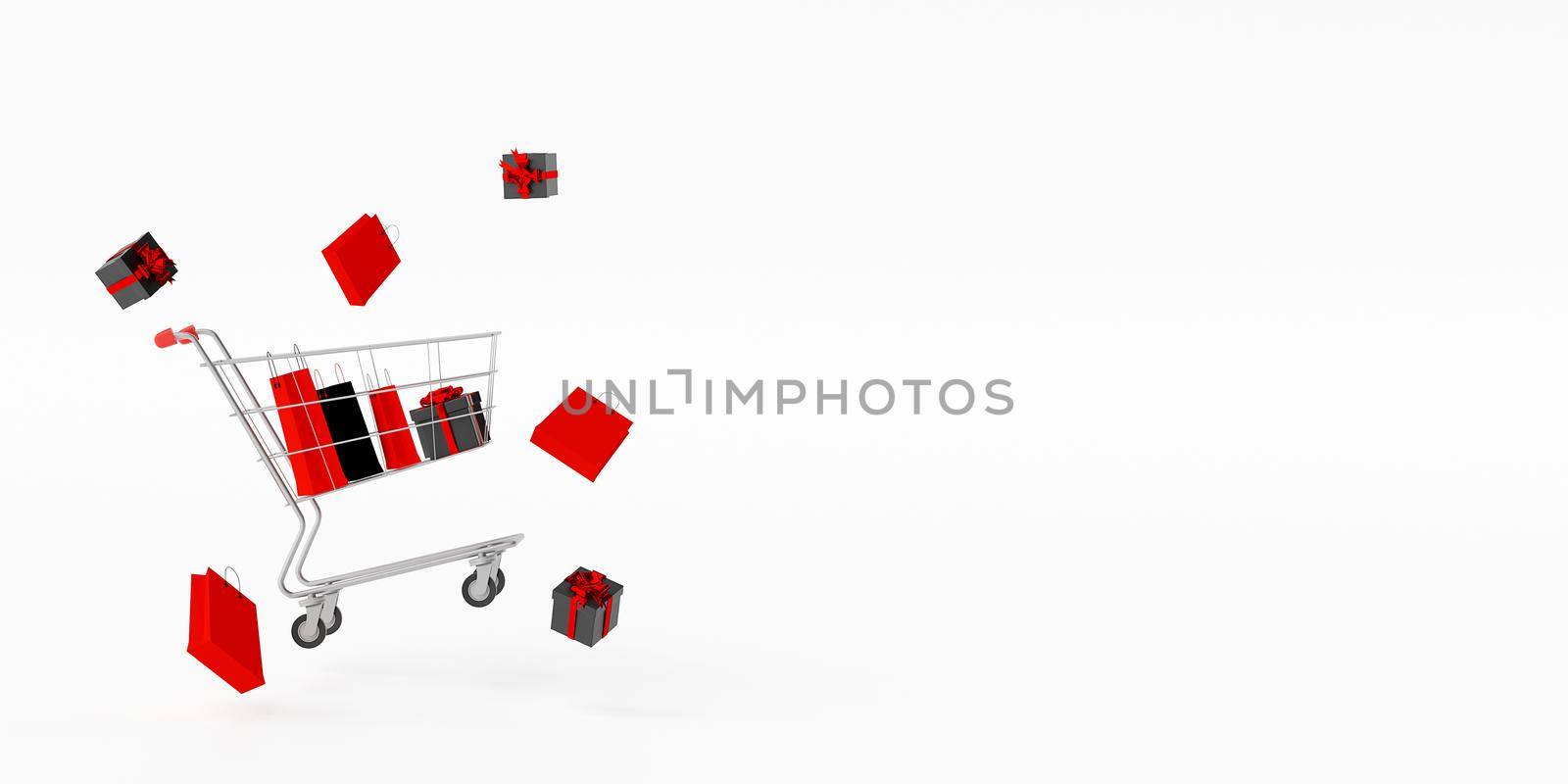 Banner of Black friday with shopping cart full of shopping bags and gifts, 3d rendering by nutzchotwarut