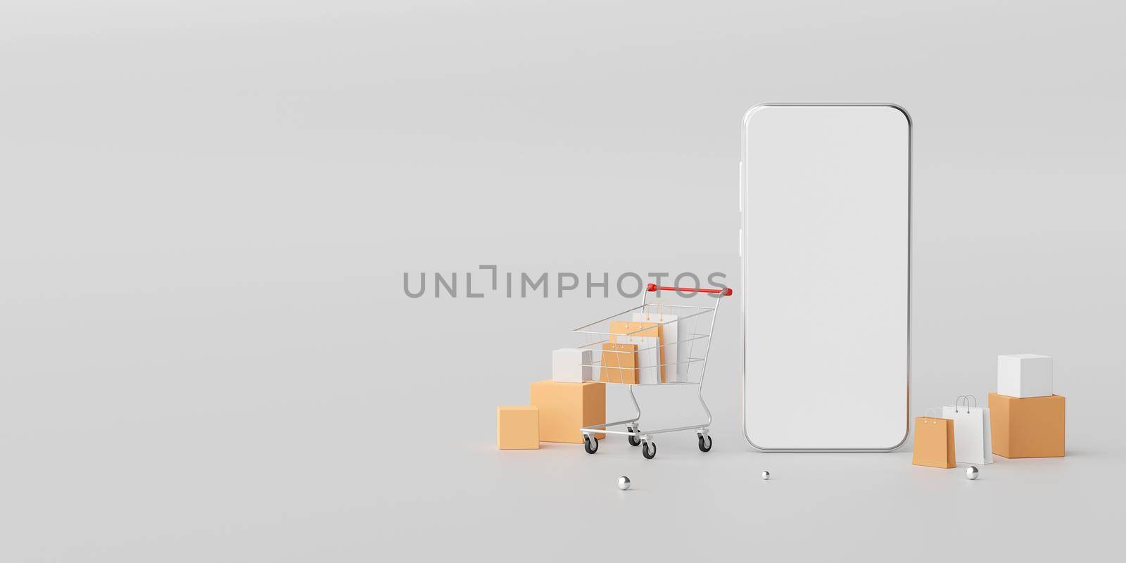 Digital marketing concept, Shopping Online on mobile application, Web banner background, 3d rendering by nutzchotwarut