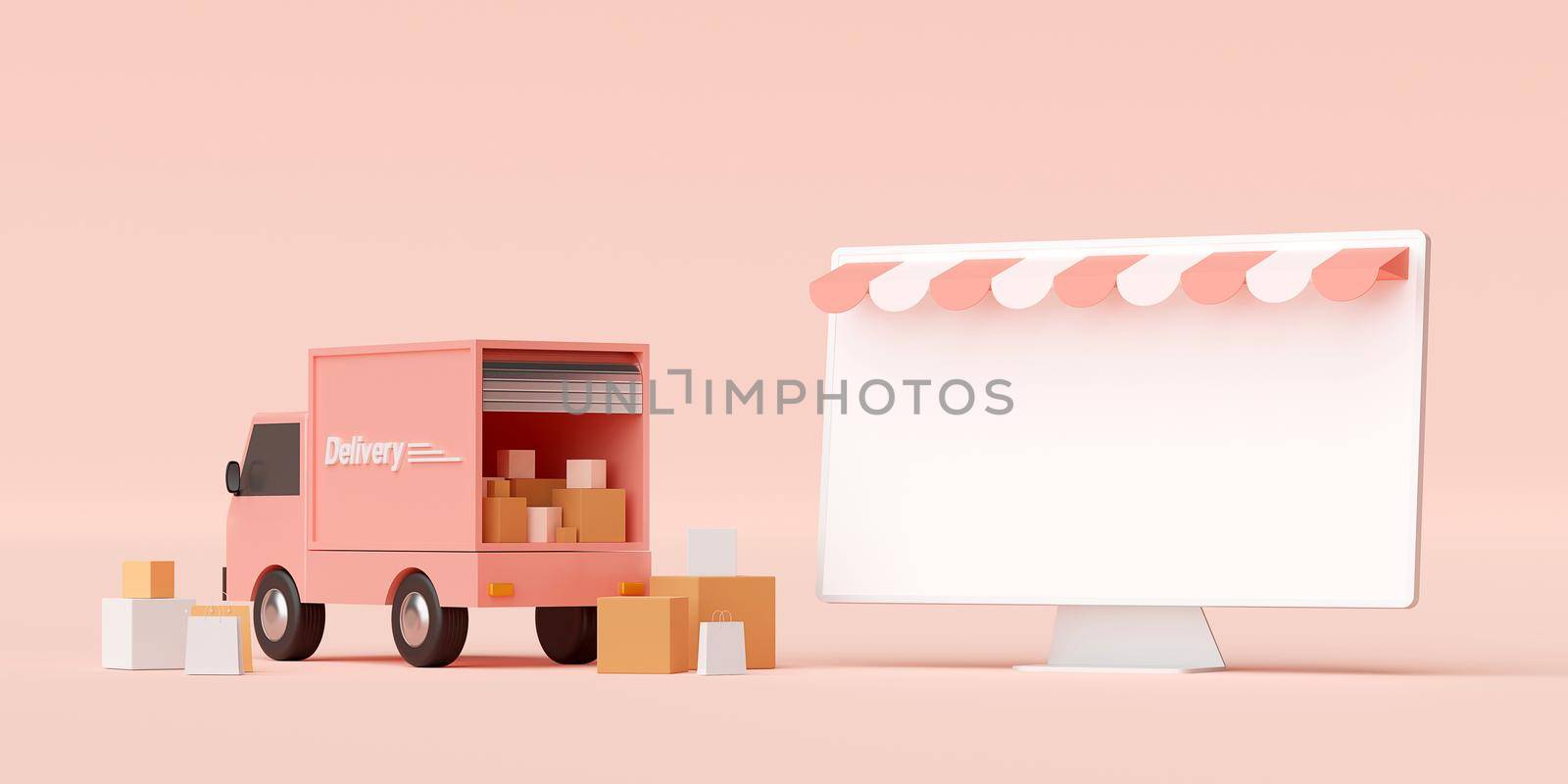 E-commerce concept, Shopping and delivery service online, Transportation by truck, 3d illustration