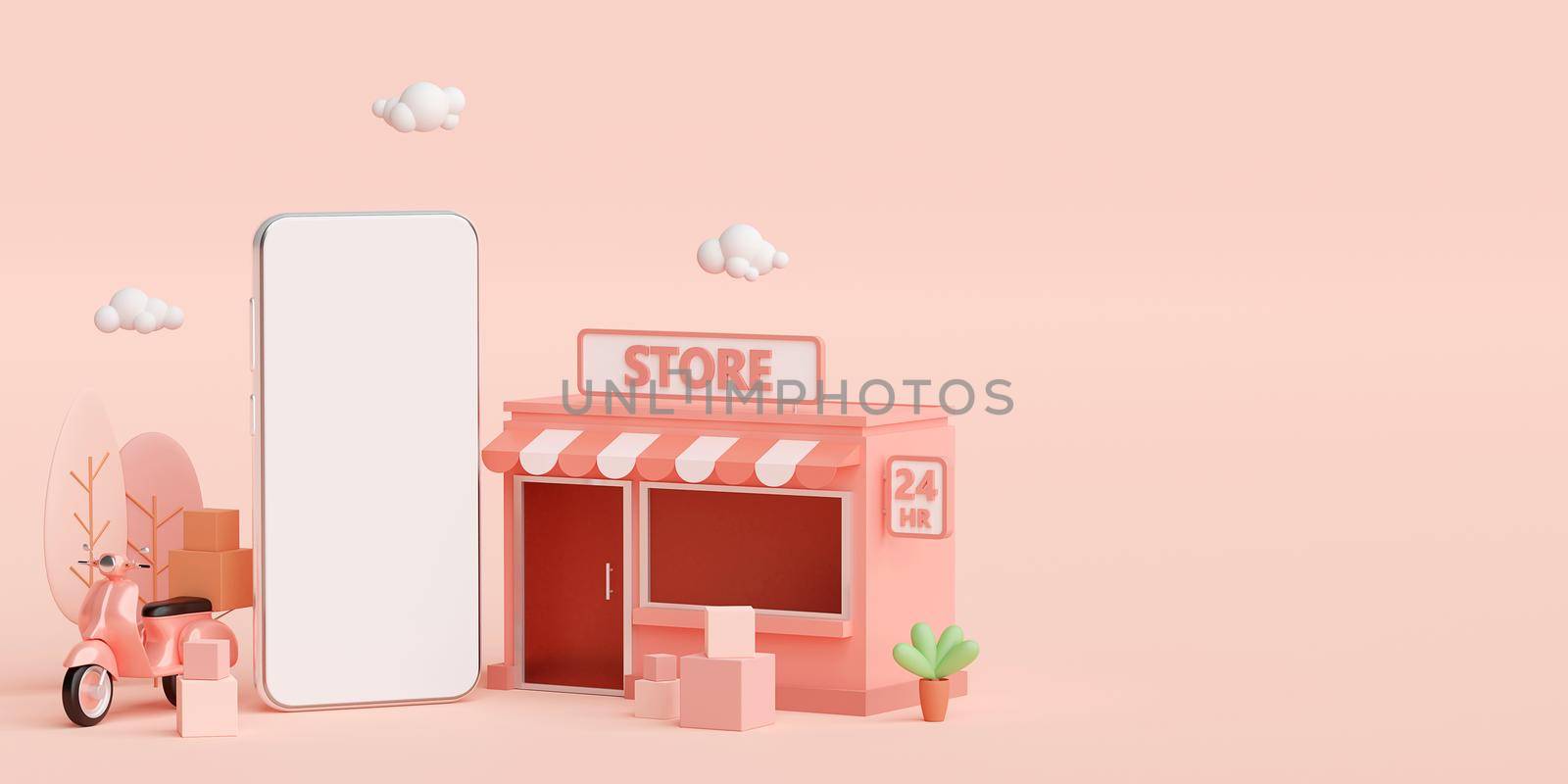 E-commerce concept, Convenience store shopping online and delivery service on mobile application, 3d illustration