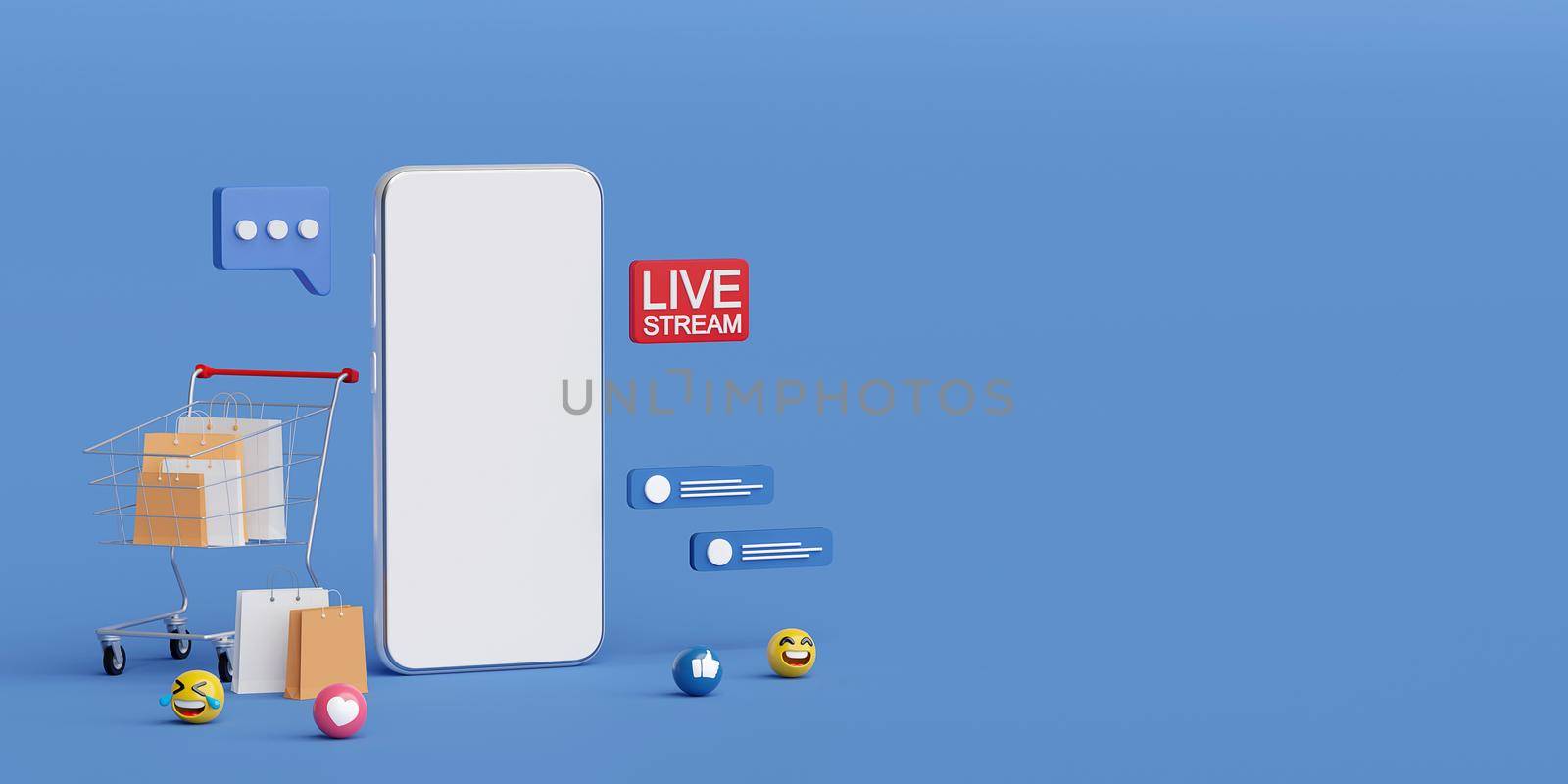 Live streaming on social media for selling or shopping on smartphone, 3d rendering