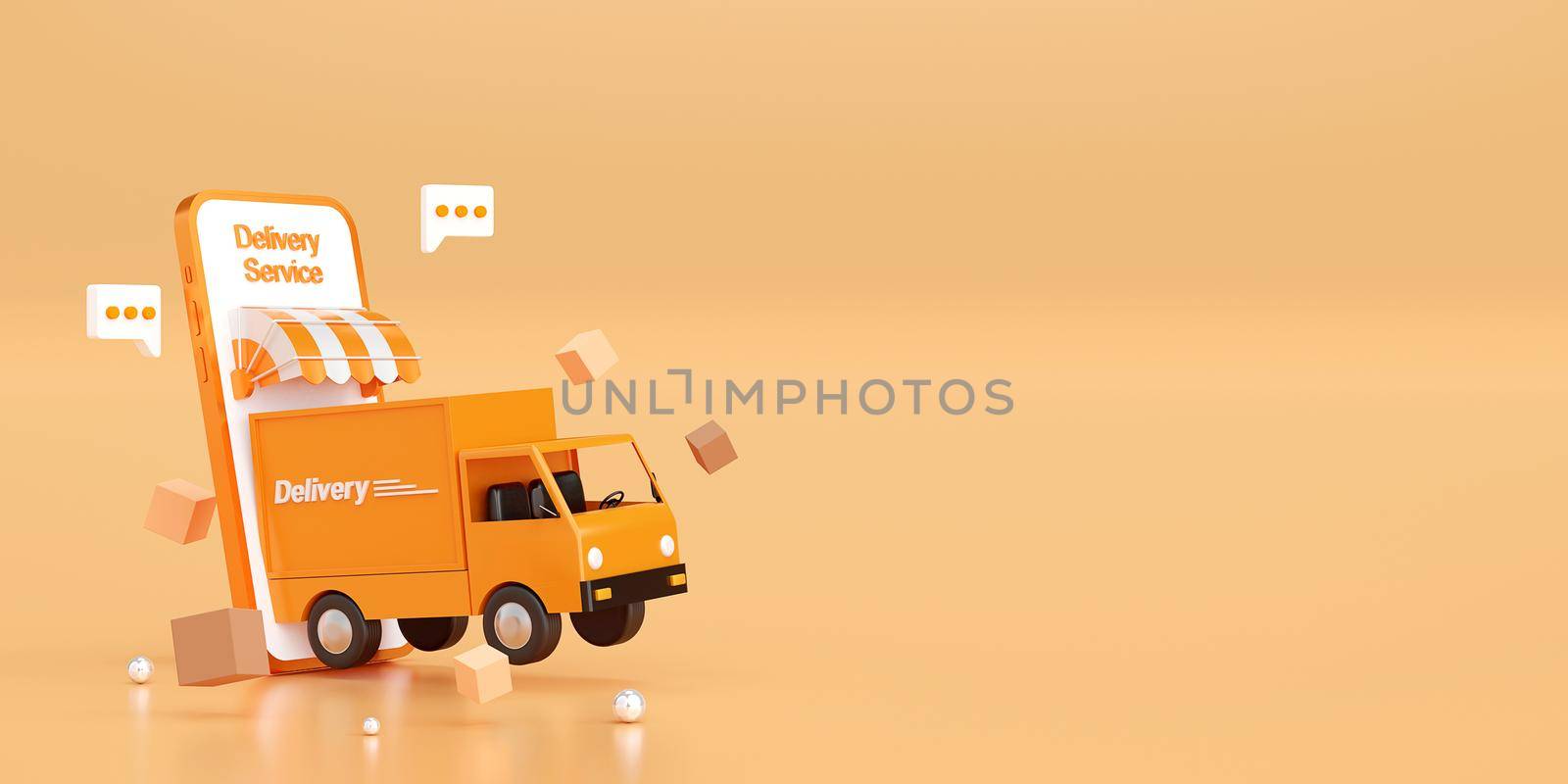 Delivery service on mobile application, Transportation delivery by truck, 3d illustration by nutzchotwarut