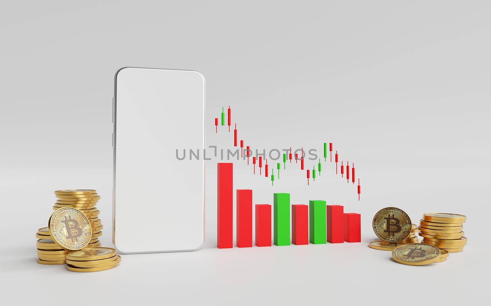 Investment concept, Mockup of smartphone with candle stick graph chart of stock market cryptocurrency trading down, 3d rendering