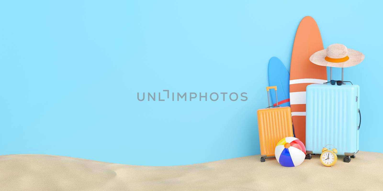 Suitcase with travel accessories and surfboard, summer concept, 3d illustration
