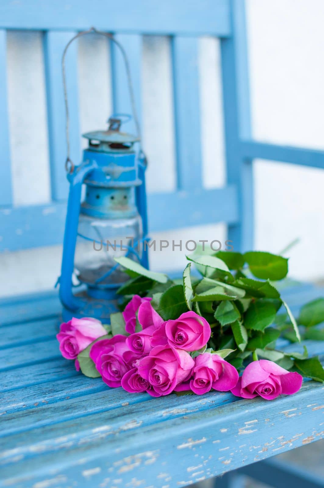 a bouquet of bright pink roses on a blue bench with a blue vintage lamp, March 8 by KaterinaDalemans