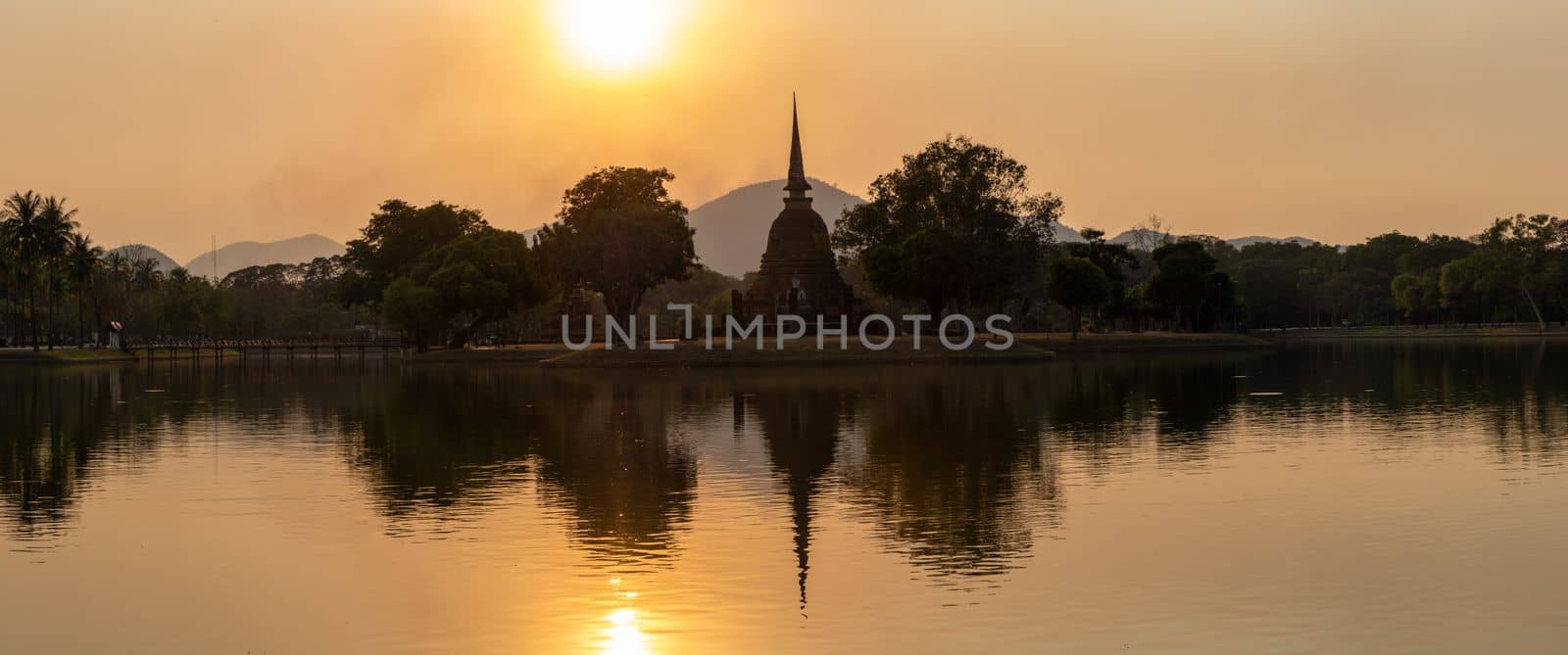 Wat Sa Si at sunset Sukhothai old city, Thailand. Ancient city and culture of south Asia Thailand, Sukothai historical park