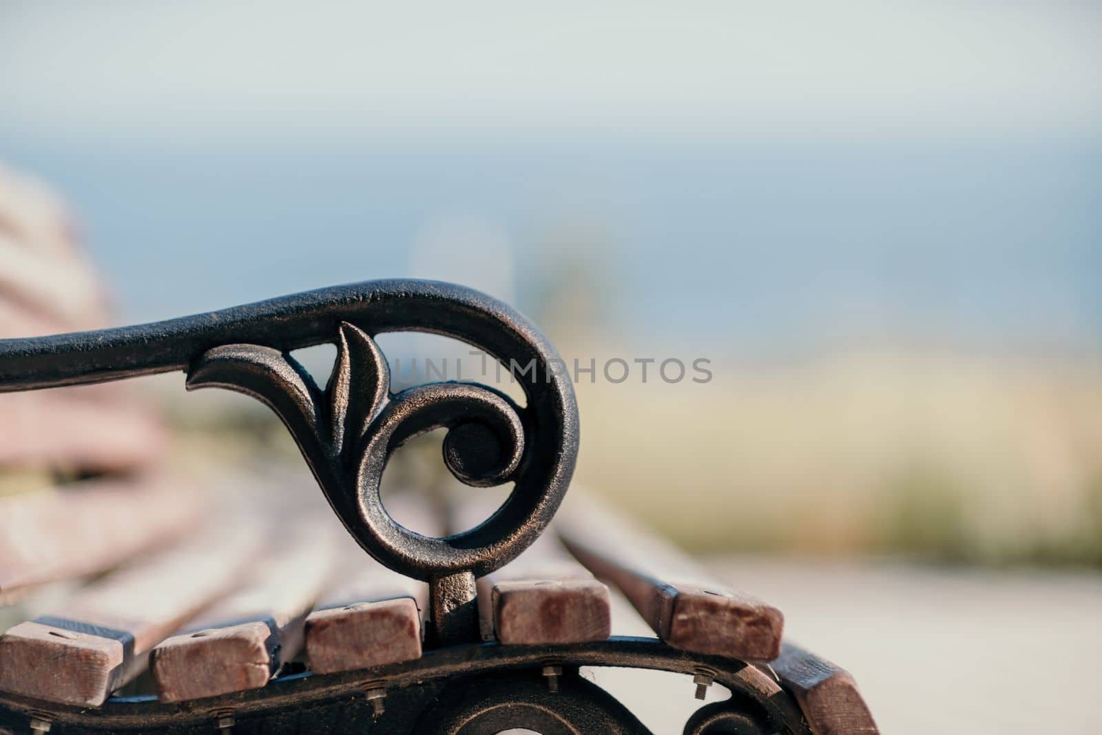 Empty Park wooden bench Closeup view. Wood exterior material. Wo by panophotograph