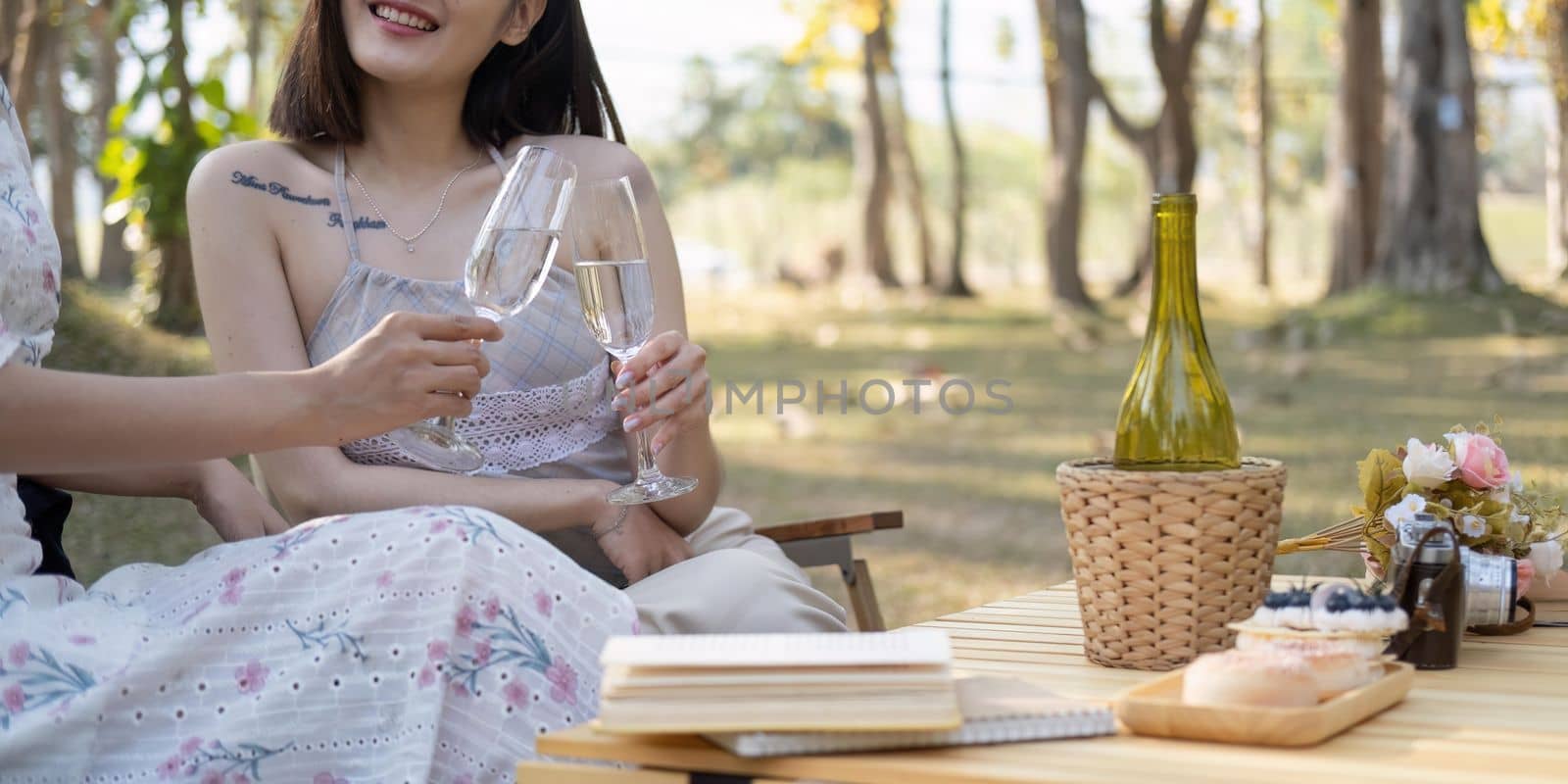 Two beautiful Asian women in lovely dresses enjoying picnic in the park, sipping white wine, sitting on picnic chairs.