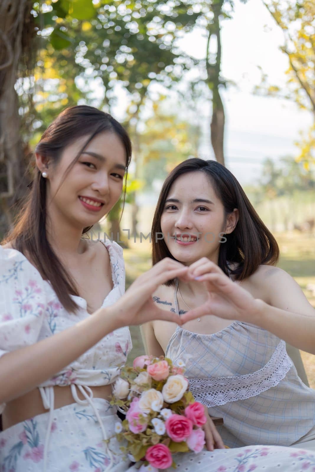 Asian woman friends, they are having picnic,they talk happily,charming Asian woman makes a heart hand sign with her friend while picnic in the park.